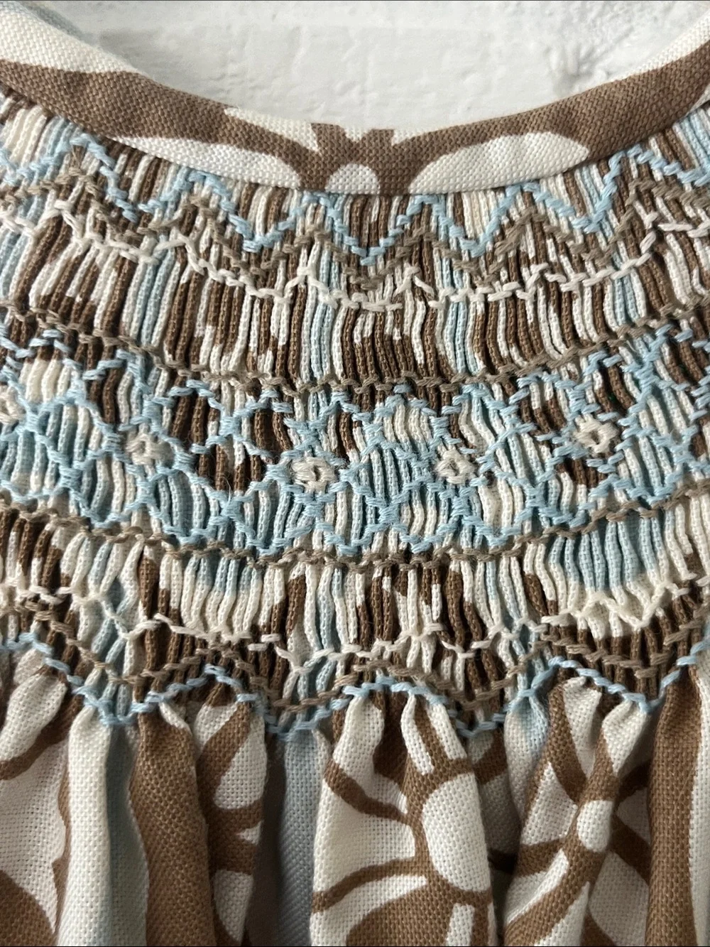 Le’ Za Le Hand Smocked Puff Sleeve 100% Cotton Dres Blue & Brown Geometric Print
